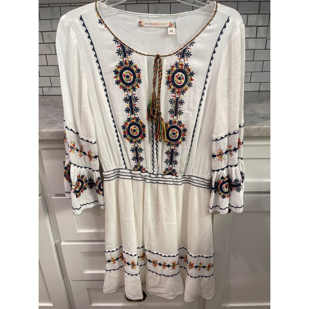 Chelsea & Violet Dress Womens M White Embroidered Boho Tassel Bell Sleeve Mini
